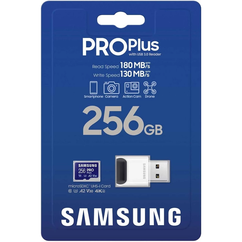 SAMSUNG PRO PLUS (2023) MICRO SDXC 256GB CLASS 10 UHS-I U3 A2 V30 180/130 MB/s + USB 3.0 MEMÓRIAKÁRTYA OLVASÓ