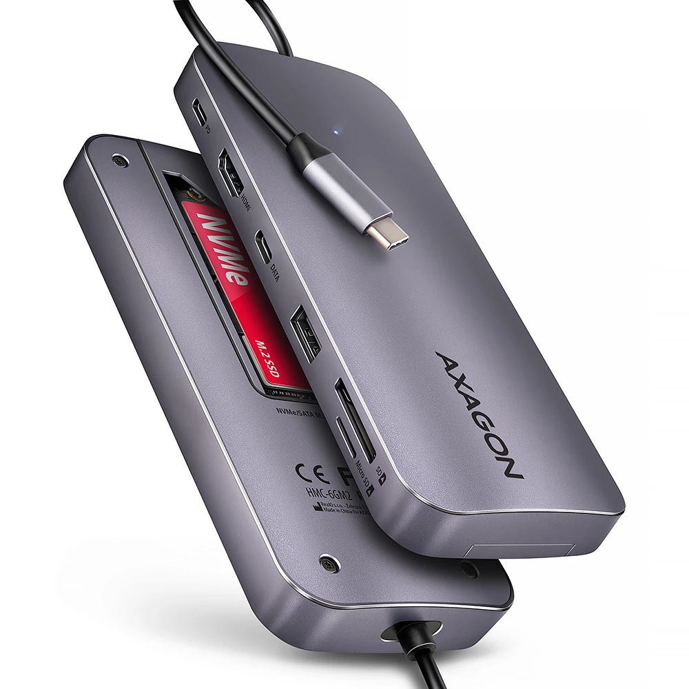 AXAGON HMC-6GM2 USB-C 3.2 GEN 2 SUPERSPEED 6in1 USB HUB NVMe/SATA M.2-PD 3.0 100W
