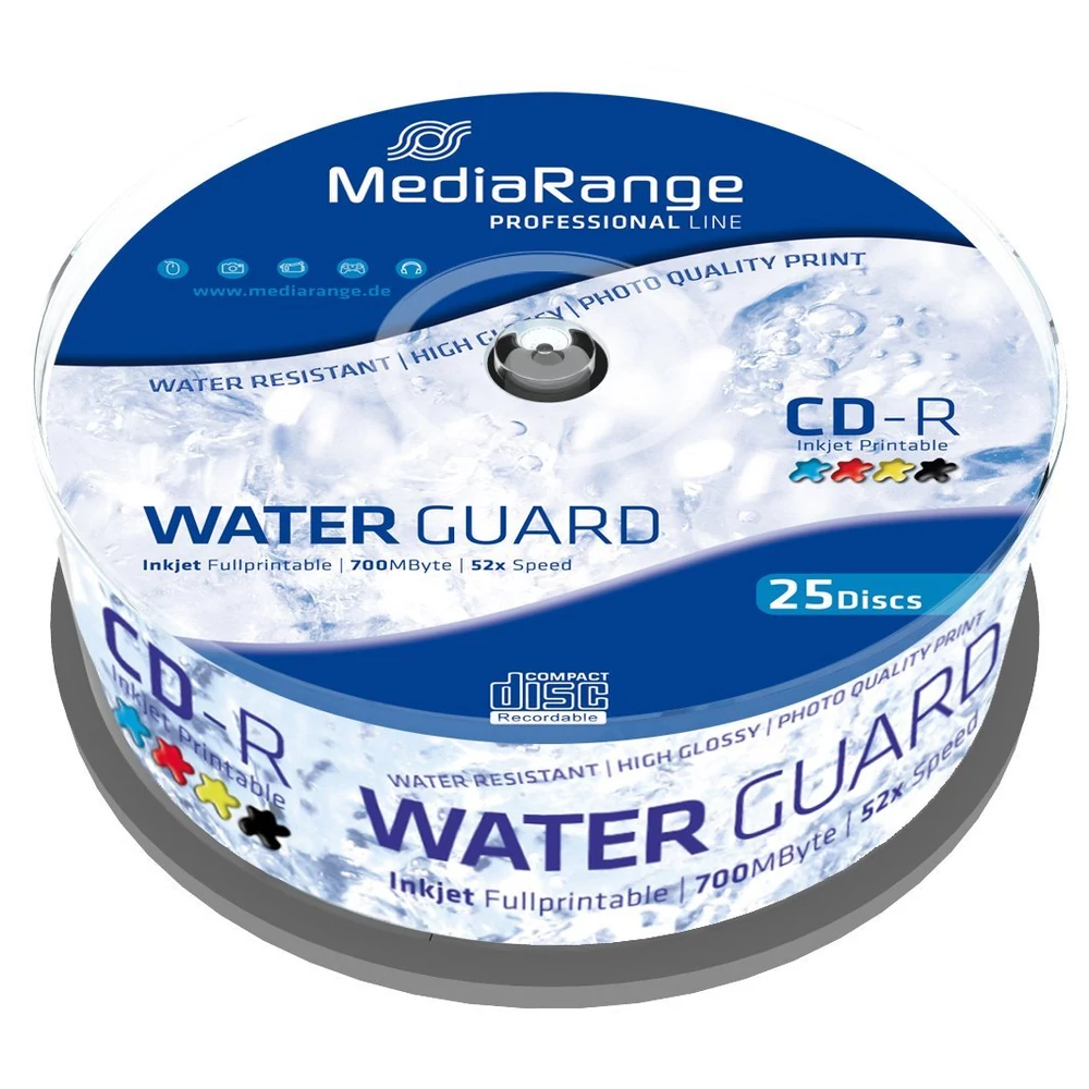 MEDIARANGE CD-R 52X FULL NYOMTATHATÓ FÉNYES VÍZÁLLÓ CAKE (25) MRPL512