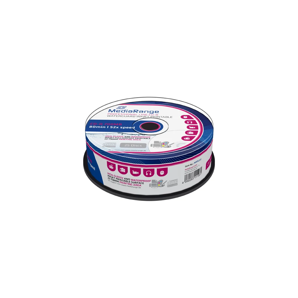 MEDIARANGE CD-R 52X FULL NYOMTATHATÓ FÉNYES VÍZÁLLÓ CAKE (25) MRPL512