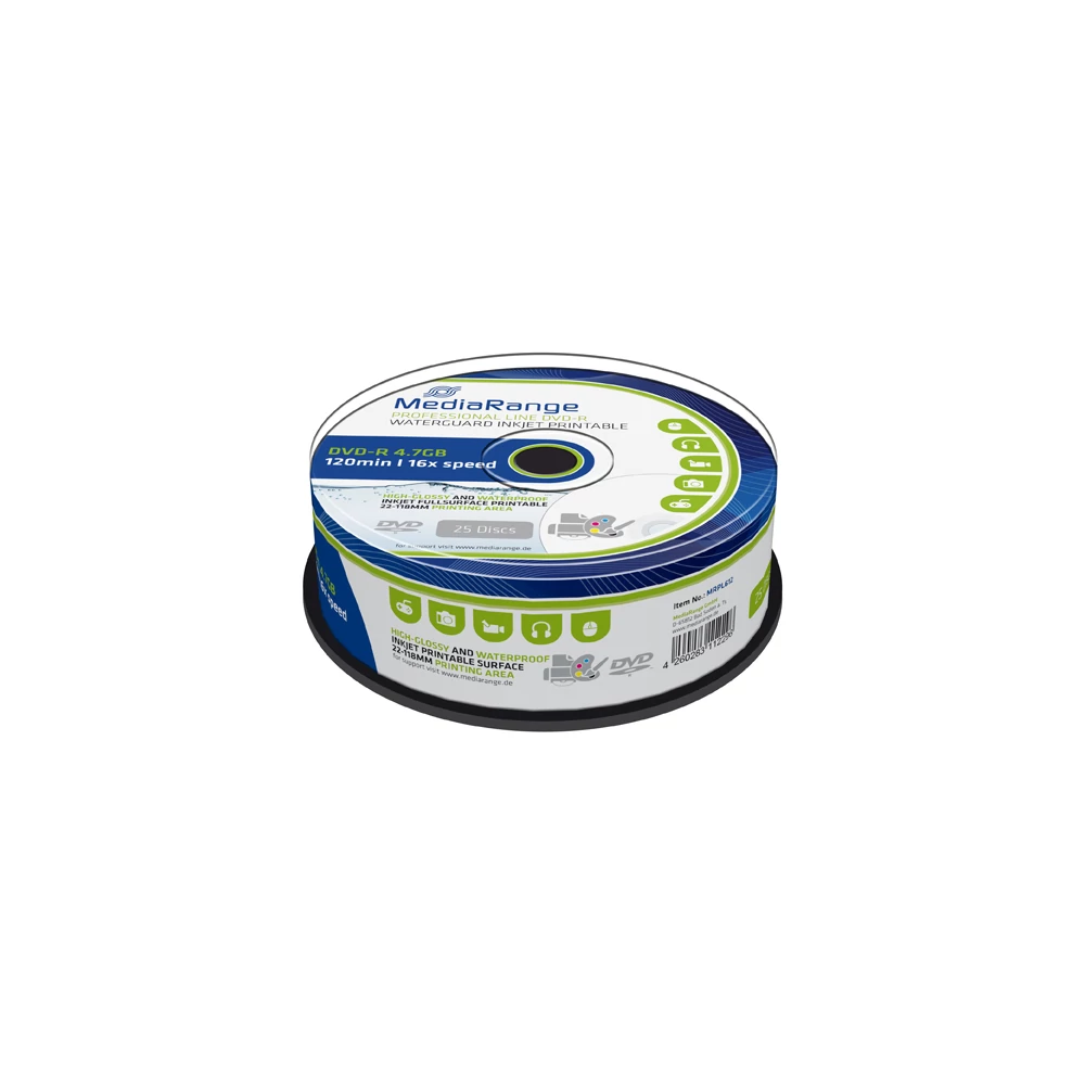 MEDIARANGE DVD-R 16X FULL NYOMTATHATÓ FÉNYES VÍZÁLLÓ CAKE (25) MRPL612