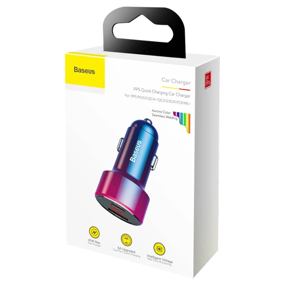 BASEUS CCMLC20C-09 MAGIC SERIES AUTÓS TÖLTŐ USB/USB-C PORT DIGITÁLIS KIJELZŐ 45W AURORA COLOR