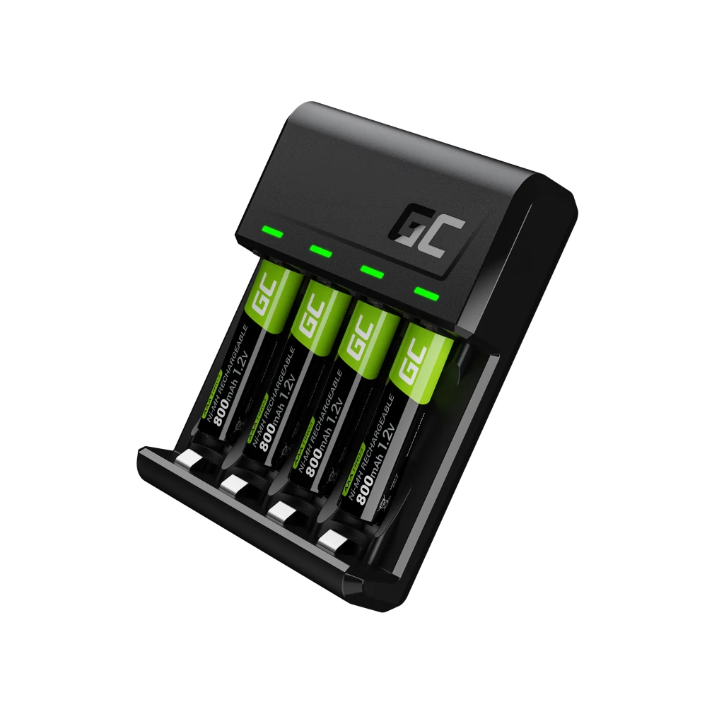GREEN CELL GRSETGC02 VITALCHARGER AA/AAA NI-MH AKKUMULÁTOR TÖLTŐ SZETT MICRO USB/USB-C BEMENETTEL 4DB AAA MÉRETŰ 800 mAh AKKUMULÁTORRAL