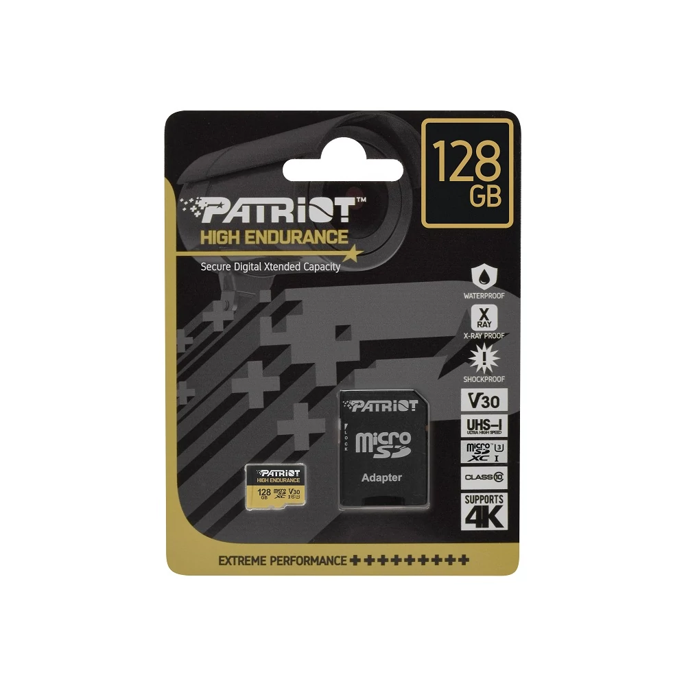 PATRIOT HIGH ENDURANCE MICRO SDXC 128GB + ADAPTER CLASS 10 UHS-I U3 V30 (95 MB/s ADATÁTVITELI SEBESSÉG)
