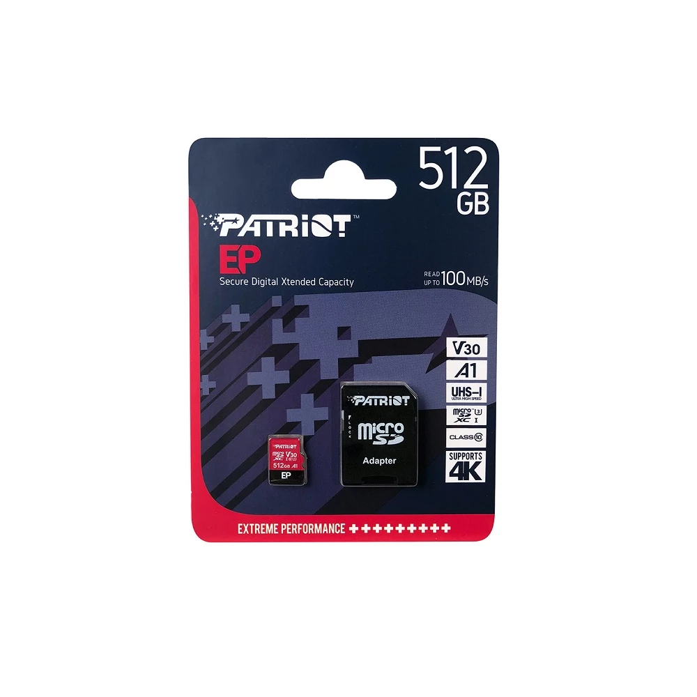 PATRIOT EP MICRO SDXC 512GB + ADAPTER CLASS 10 UHS-I U3 A1 V30 100/80 MB/s