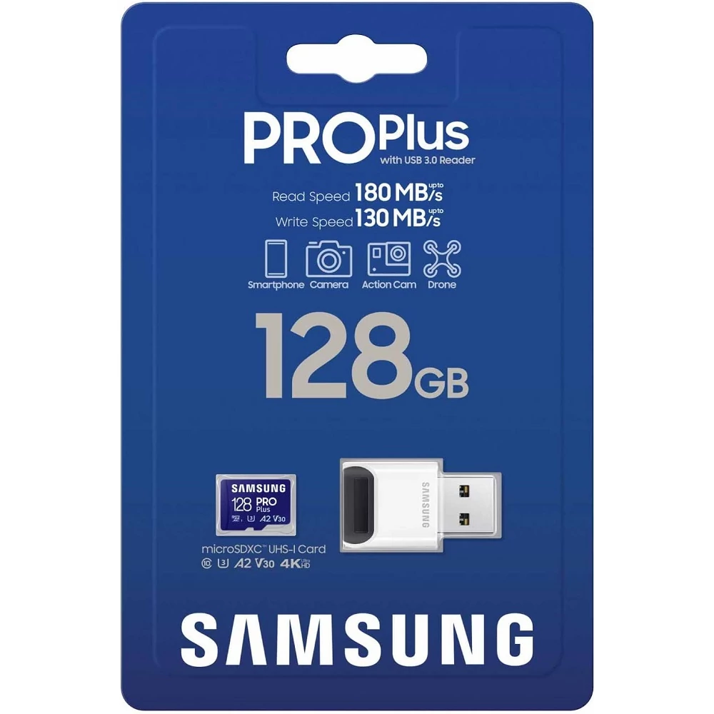 SAMSUNG PRO PLUS (2023) MICRO SDXC 128GB CLASS 10 UHS-I U3 A2 V30 180/130 MB/s + USB 3.0 MEMÓRIAKÁRTYA OLVASÓ