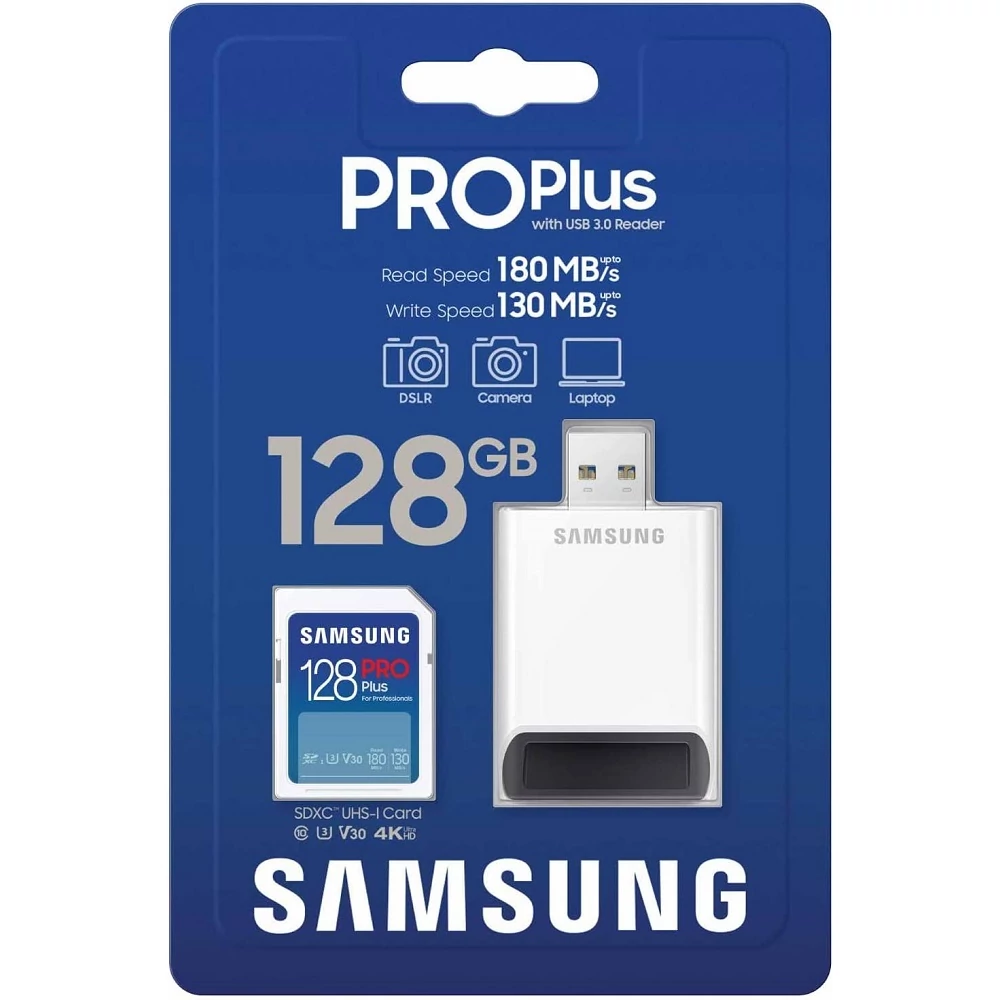 SAMSUNG PRO PLUS (2023) SDXC 128GB CLASS 10 UHS-I U3 V30 180/130 MB/s + USB 3.0 MEMÓRIAKÁRTYA OLVASÓ