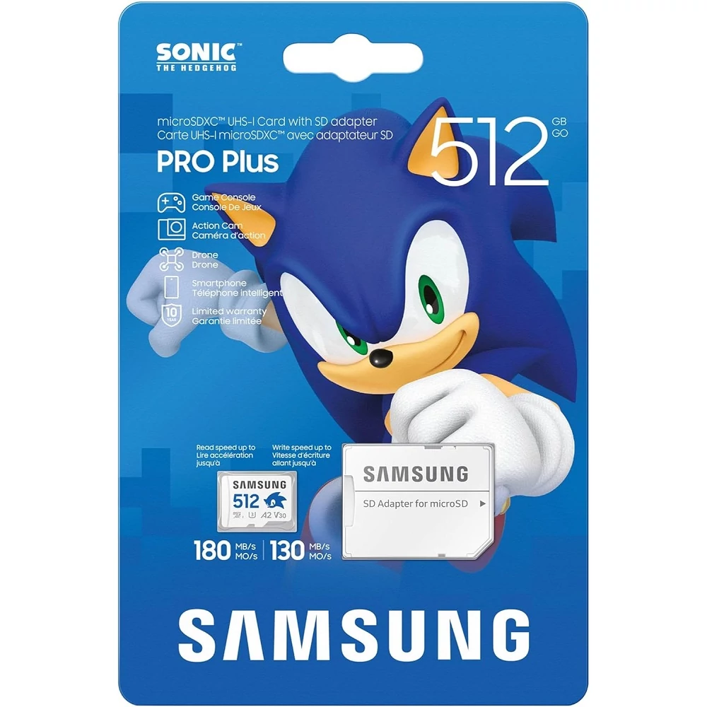 SAMSUNG PRO PLUS SONIC THE HEDGEHOG SERIES MICRO SDXC 512GB + ADAPTER CLASS 10 UHS-I U3 A2 V30 180/130 MB/s