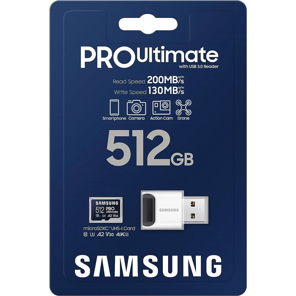 SAMSUNG PRO ULTIMATE (2023) MICRO SDXC 512GB CLASS 10 UHS-I U3 A2 V30 200/130 MB/s + USB 3.0 MEMÓRIAKÁRTYA OLVASÓ