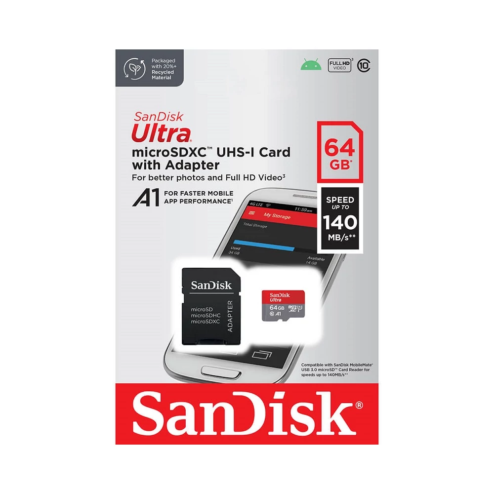 SANDISK ULTRA MICRO SDXC 64GB + ADAPTER CLASS 10 UHS-I U1 A1 140 MB/s