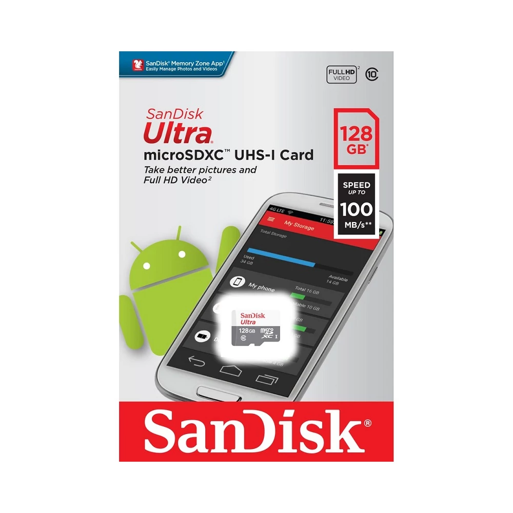 SANDISK ULTRA MICRO SDXC 128GB CLASS 10 UHS-I U1 ANDROID 100 MB/s OLVASÁSI SEBESSÉG