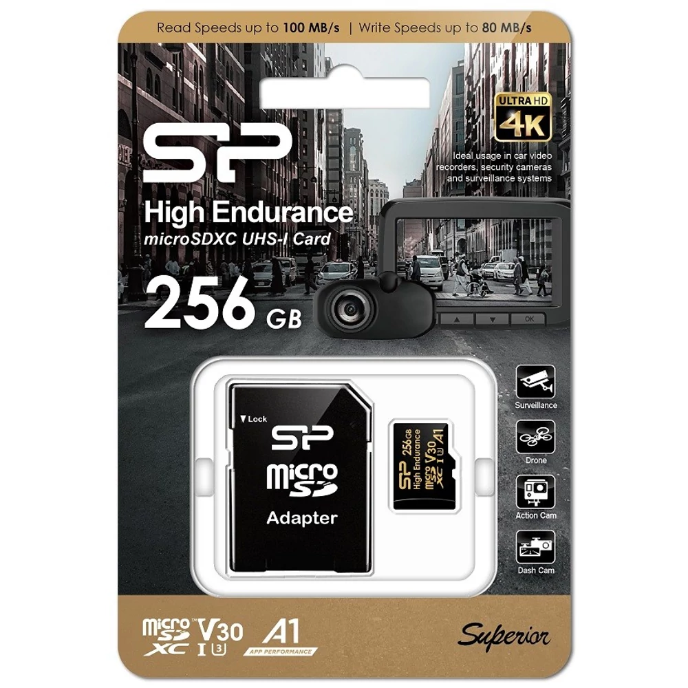 SILICON POWER HIGH ENDURANCE MICRO SDXC 256GB + ADAPTER CLASS 10 UHS-I U3 A1 V30 100/80 MB/s