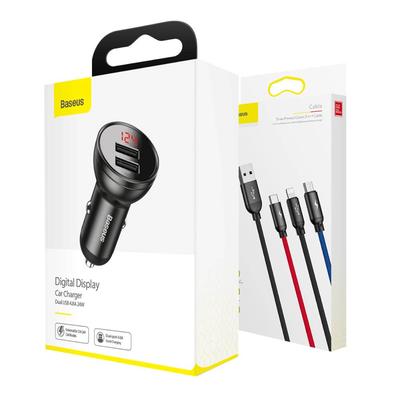 BASEUS TZCCBX-0G DIGITAL DISPLAY DUAL USB AUTÓS TÖLTŐ 5V 4.8A 12/24V + 3-IN-1 USB TYPE-C/MICRO USB/APPLE LIGHTNING KÁBEL 1,2m