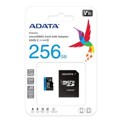 ADATA MICRO SDXC 256GB + ADAPTER CLASS 10 UHS-I U1 A1 V10 (100 MB/s OLVASÁSI SEBESSÉG)