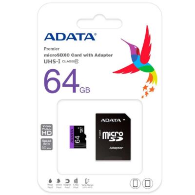 ADATA MICRO SDXC 64GB + ADAPTER UHS-I CLASS 10 (50 MB/s OLVASÁSI SEBESSÉG)