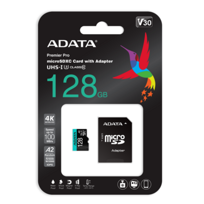 ADATA PREMIER PRO MICRO SDXC 128GB + ADAPTER CLASS 10 UHS-I U3 A2 V30 100/80 MB/s