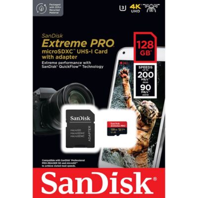 SANDISK EXTREME PRO MICRO SDXC 128GB + ADAPTER CLASS 10 UHS-I U3 A2 V30 200/90 MB/s