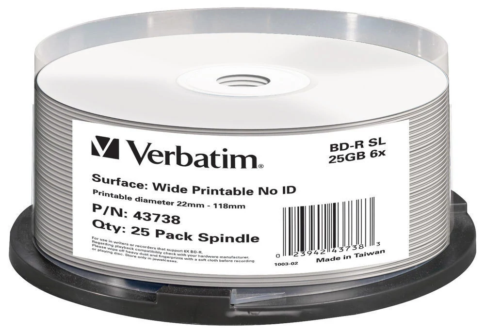 VERBATIM BD-R 25GB 6X DATALIFE PLUS NYOMTATHATÓ NO ID CAKE (25)