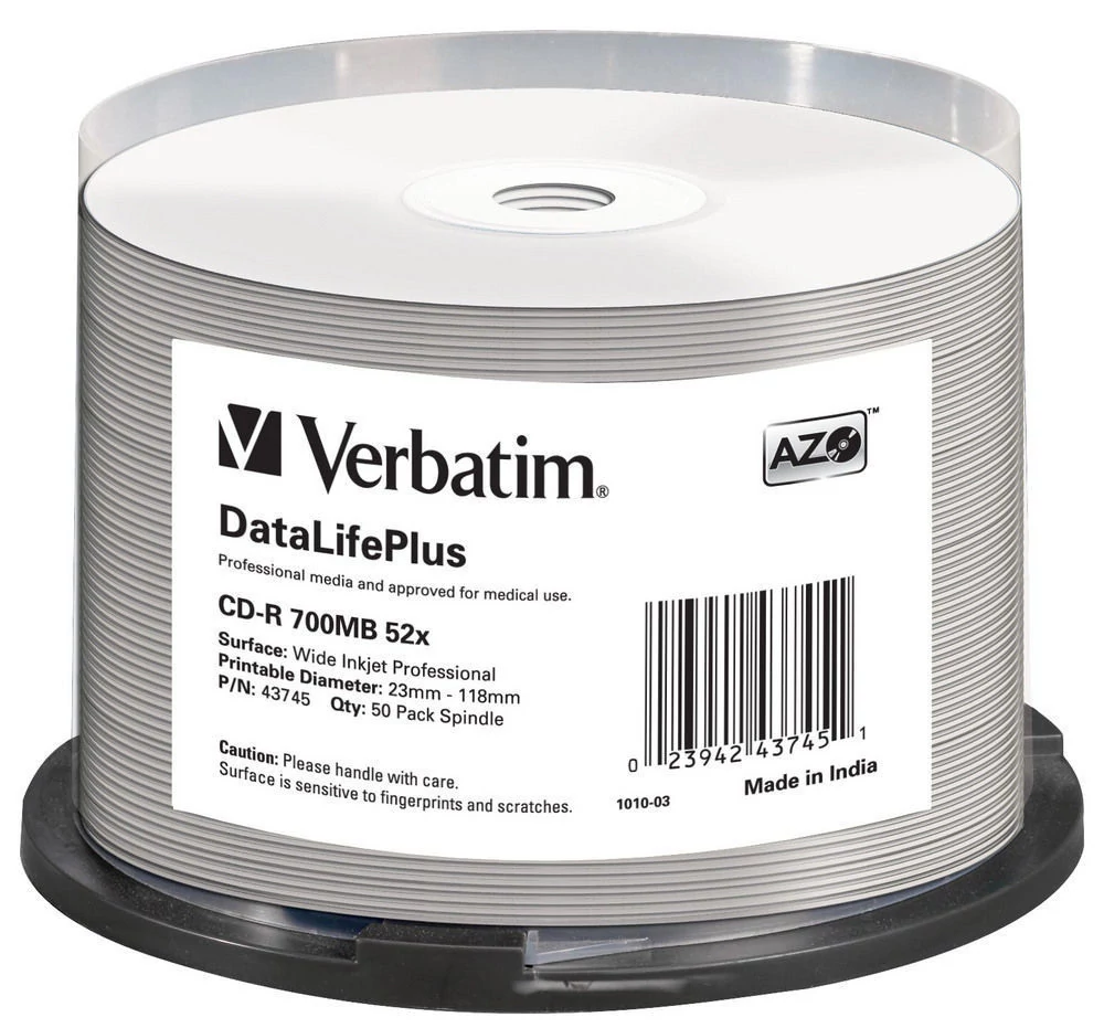 VERBATIM CD-R 52X FULL NYOMTATHATÓ NO ID DATALIFE PLUS CAKE (50)