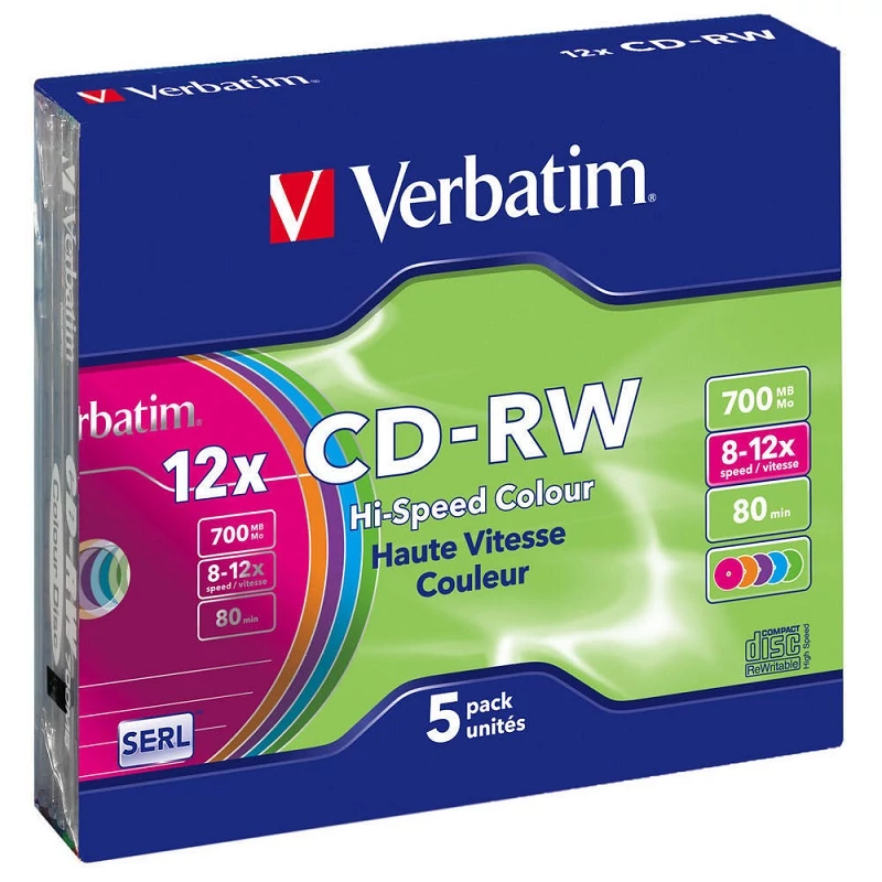 VERBATIM CD-RW 12X COLOUR SLIM TOKBAN (5)