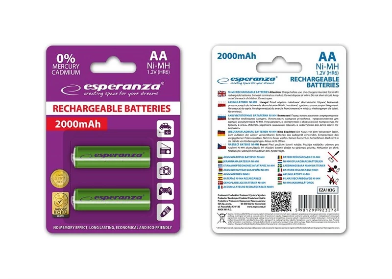 ESPERANZA AA MÉRETŰ TÖLTHETŐ ELEM NI-MH 2000 mAh ZÖLD (2 BLISTER)