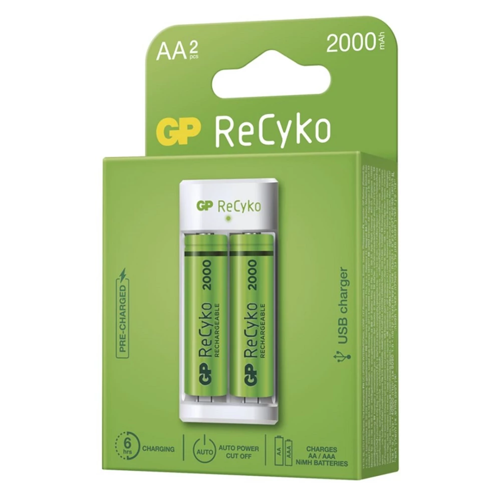 GP ECO 211 AKKUMULÁTOR TÖLTŐ + 2 DB AA MÉRETŰ GP RECYKO 2000 mAh AKKUMULÁTOR