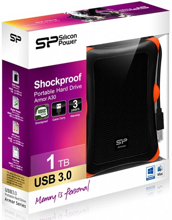 SILICON POWER ARMOR A30 2,5 COL USB 3.0 KÜLSŐ MEREVLEMEZ 1TB FEKETE