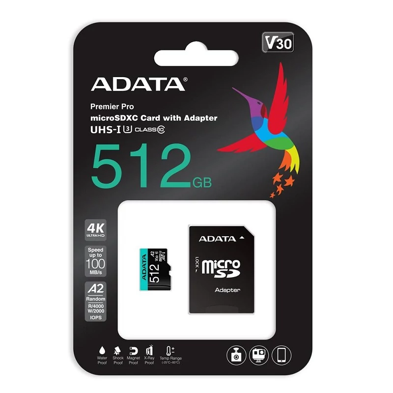 ADATA PREMIER PRO MICRO SDXC 512GB + ADAPTER CLASS 10 UHS-I U3 A2 V30 100/80 MB/s