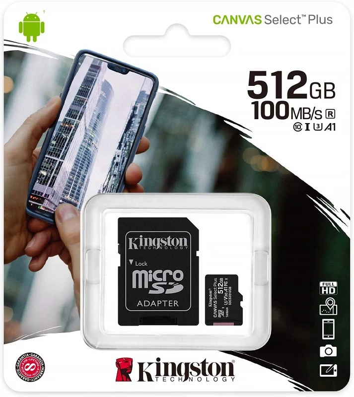 KINGSTON CANVAS SELECT PLUS MICRO SDXC 512GB + ADAPTER CLASS 10 UHS-I U3 A1 V30 (100/85 MB/s)