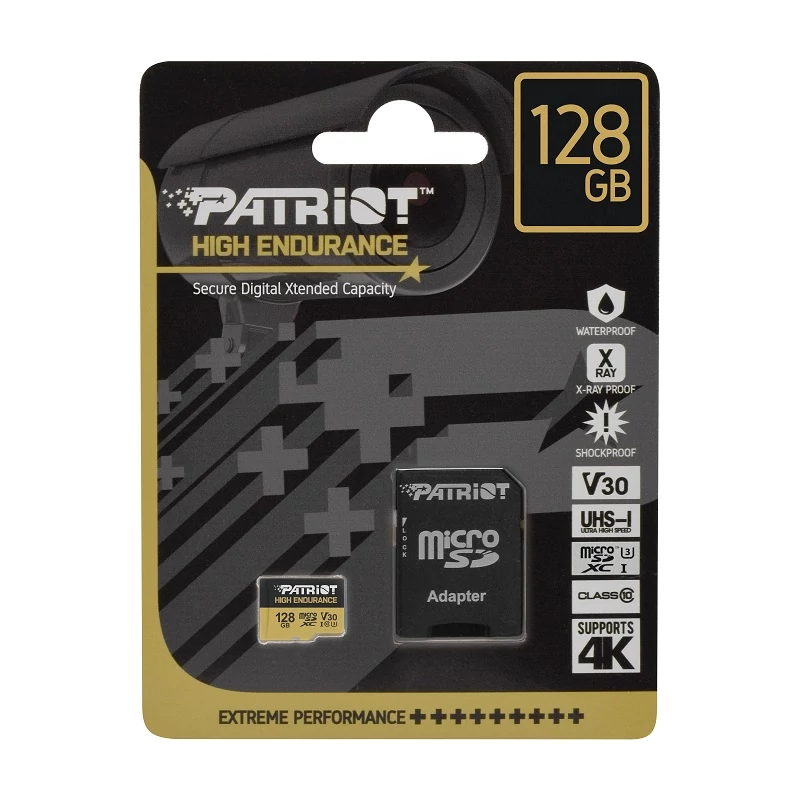 PATRIOT HIGH ENDURANCE MICRO SDXC 128GB + ADAPTER CLASS 10 UHS-I U3 V30 (95 MB/s ADATÁTVITELI SEBESSÉG)