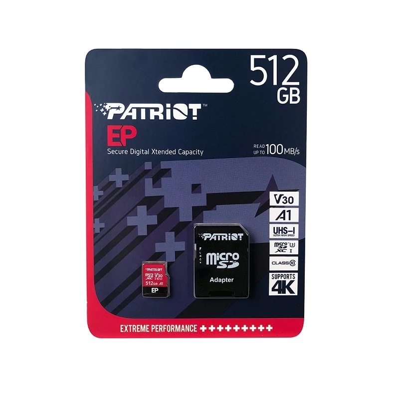PATRIOT EP MICRO SDXC 512GB + ADAPTER CLASS 10 UHS-I U3 A1 V30 100/80 MB/s