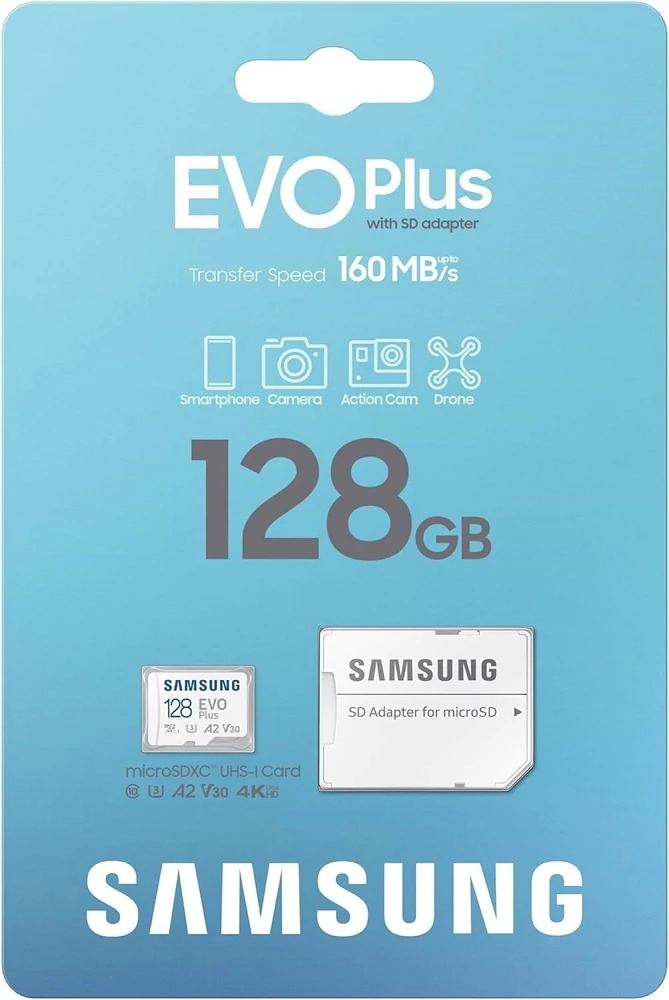 SAMSUNG EVO PLUS (2024) MICRO SDXC 128GB + ADAPTER CLASS 10 UHS-I U3 A2 V30 (160 MB/s ADATÁTVITELI SEBESSÉG)