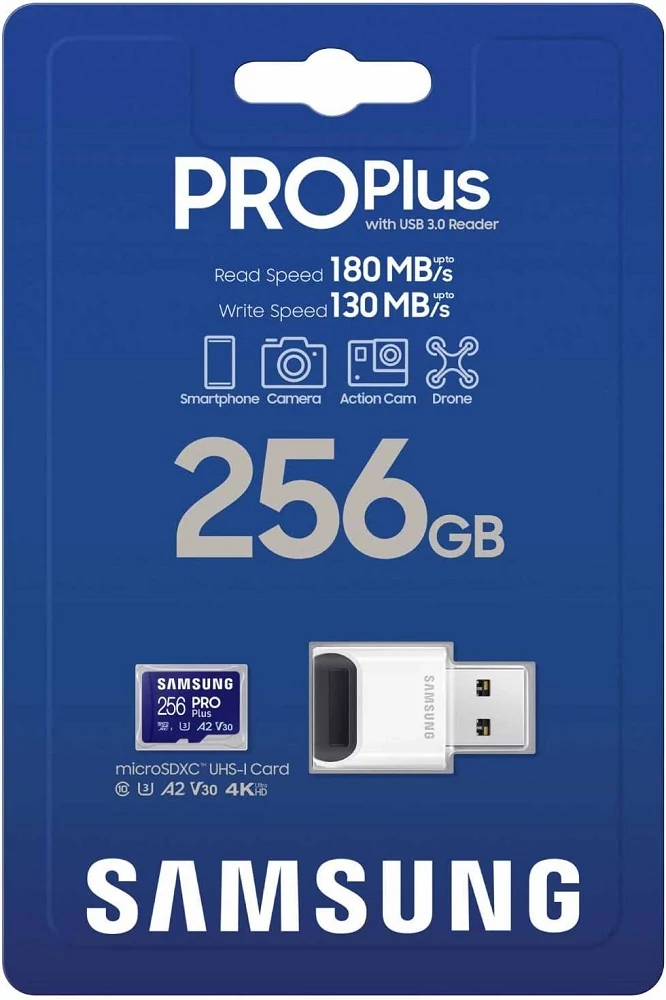 SAMSUNG PRO PLUS (2023) MICRO SDXC 256GB CLASS 10 UHS-I U3 A2 V30 180/130 MB/s + USB 3.0 MEMÓRIAKÁRTYA OLVASÓ