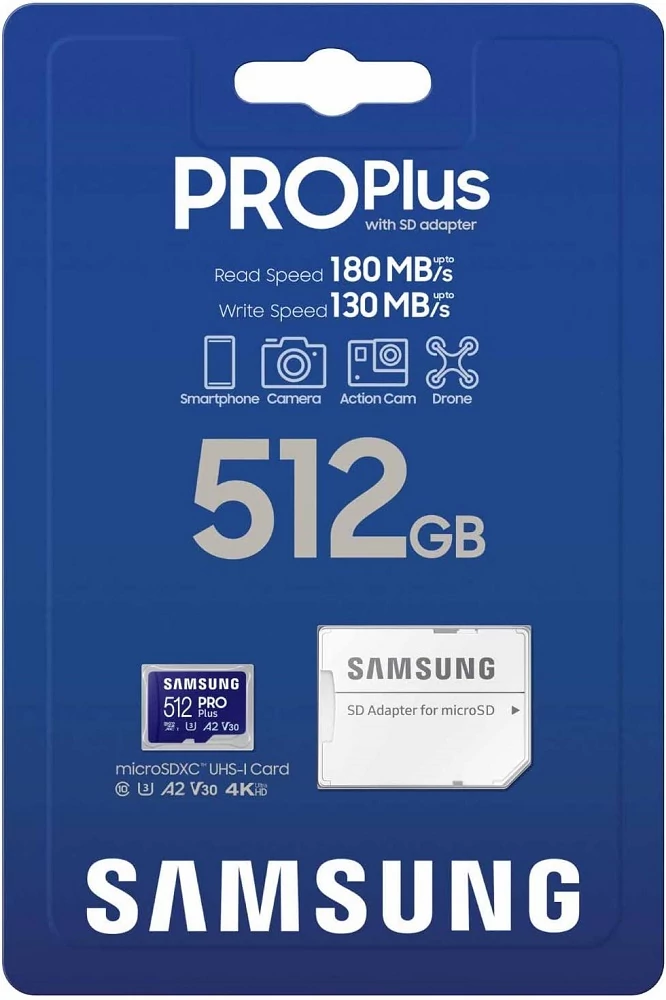 SAMSUNG PRO PLUS (2023) MICRO SDXC 512GB + ADAPTER CLASS 10 UHS-I U3 A2 V30 180/130 MB/s