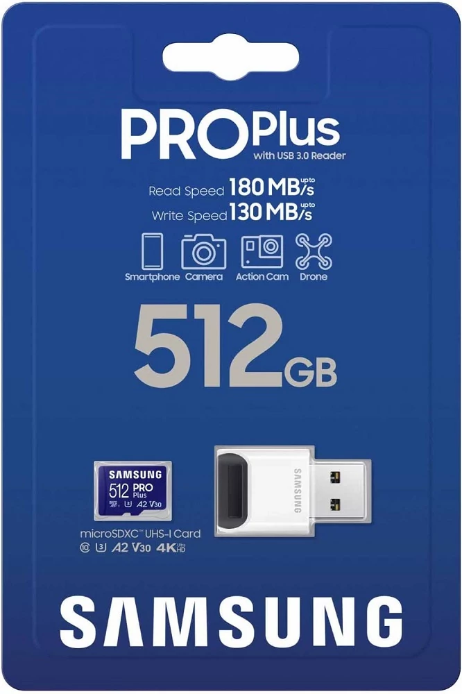 SAMSUNG PRO PLUS (2023) MICRO SDXC 512GB CLASS 10 UHS-I U3 A2 V30 180/130 MB/s + USB 3.0 MEMÓRIAKÁRTYA OLVASÓ
