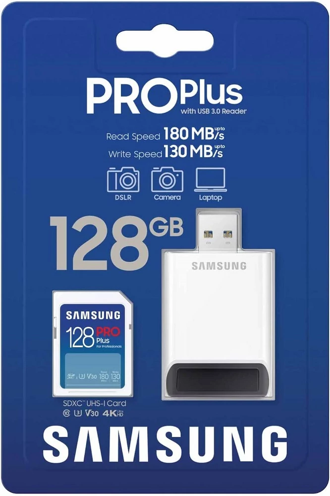 SAMSUNG PRO PLUS (2023) SDXC 128GB CLASS 10 UHS-I U3 V30 180/130 MB/s + USB 3.0 MEMÓRIAKÁRTYA OLVASÓ