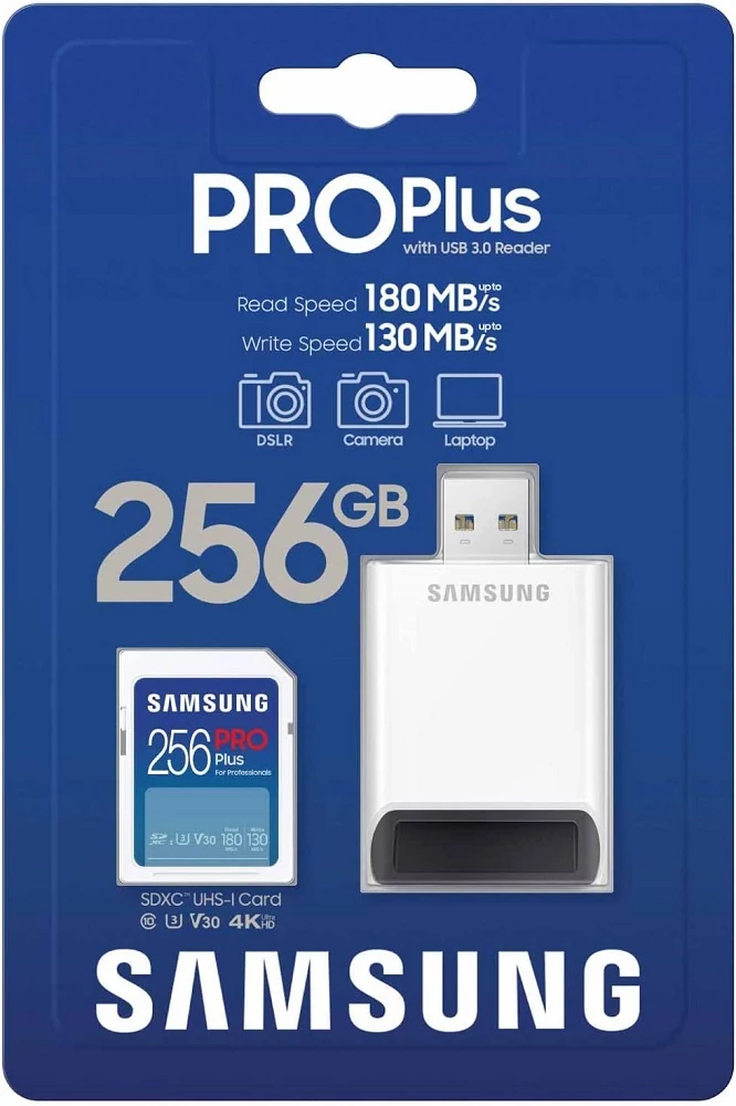 SAMSUNG PRO PLUS (2023) SDXC 256GB CLASS 10 UHS-I U3 V30 180/130 MB/s + USB 3.0 MEMÓRIAKÁRTYA OLVASÓ