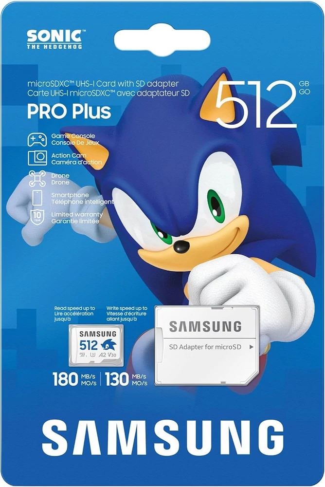 SAMSUNG PRO PLUS SONIC THE HEDGEHOG SERIES MICRO SDXC 512GB + ADAPTER CLASS 10 UHS-I U3 A2 V30 180/130 MB/s