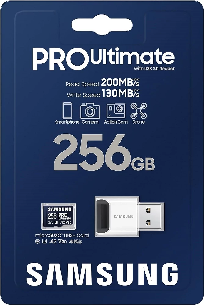 SAMSUNG PRO ULTIMATE (2023) MICRO SDXC 256GB CLASS 10 UHS-I U3 A2 V30 200/130 MB/s + USB 3.0 MEMÓRIAKÁRTYA OLVASÓ