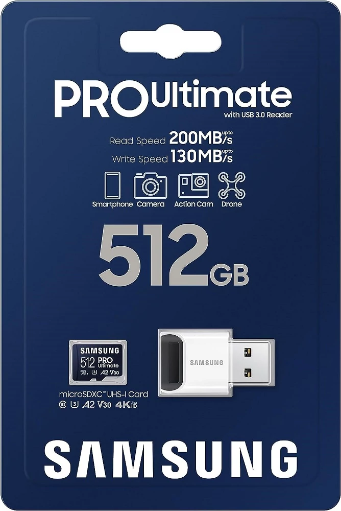 SAMSUNG PRO ULTIMATE (2023) MICRO SDXC 512GB CLASS 10 UHS-I U3 A2 V30 200/130 MB/s + USB 3.0 MEMÓRIAKÁRTYA OLVASÓ