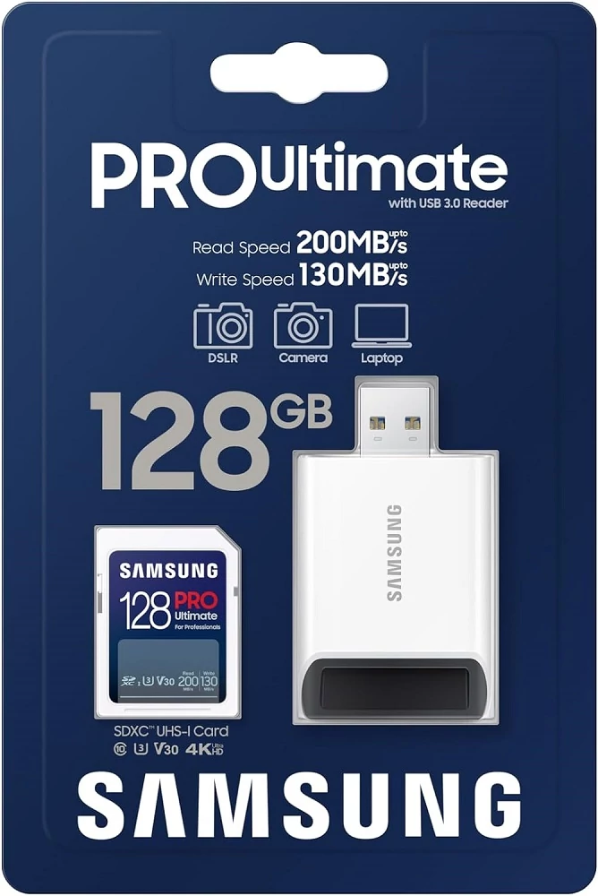 SAMSUNG PRO ULTIMATE (2023) SDXC 128GB CLASS 10 UHS-I U3 V30 200/130 MB/s + USB 3.0 MEMÓRIAKÁRTYA OLVASÓ