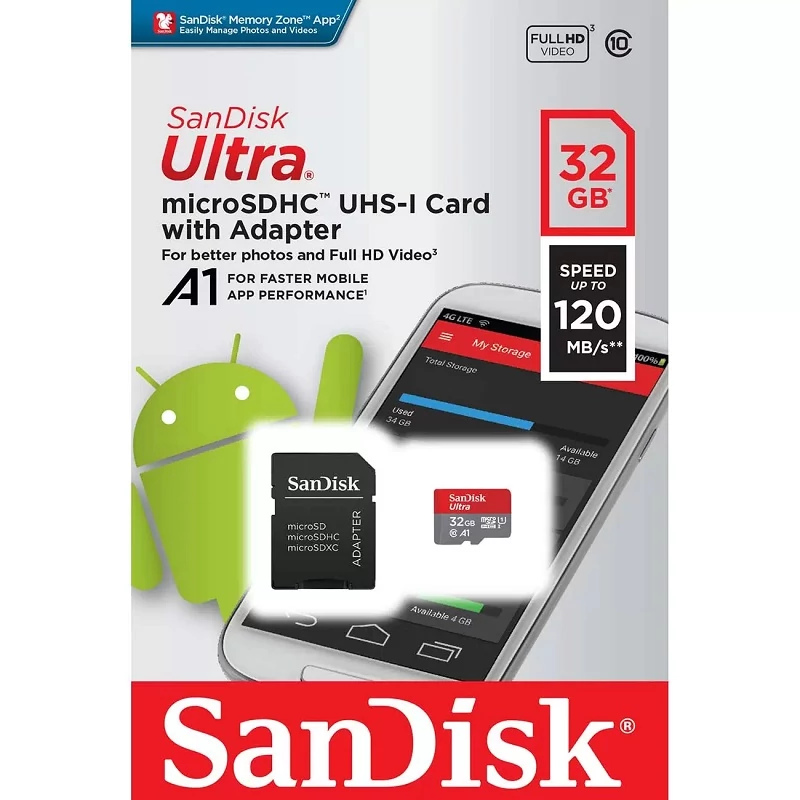 SANDISK ULTRA MICRO SDHC 32GB + ADAPTER CLASS 10 UHS-I U1 A1 ANDROID 120 MB/s