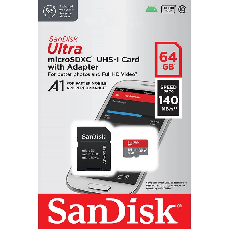 SANDISK ULTRA MICRO SDXC 64GB + ADAPTER CLASS 10 UHS-I U1 A1 140 MB/s