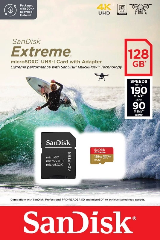 SANDISK EXTREME ACTION MICRO SDXC 128GB + ADAPTER CLASS 10 UHS-I U3 A2 V30 190/90 MB/s