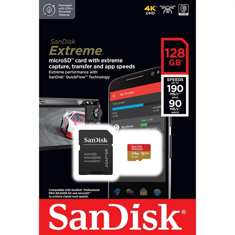 SANDISK EXTREME MOBILE MICRO SDXC 128GB + ADAPTER CLASS 10 UHS-I U3 A2 V30 190/90 MB/s
