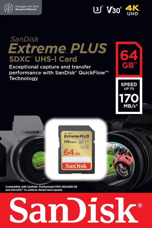 SANDISK EXTREME PLUS SDXC 64GB CLASS 10 UHS-I U3 V30 170/80 MB/s