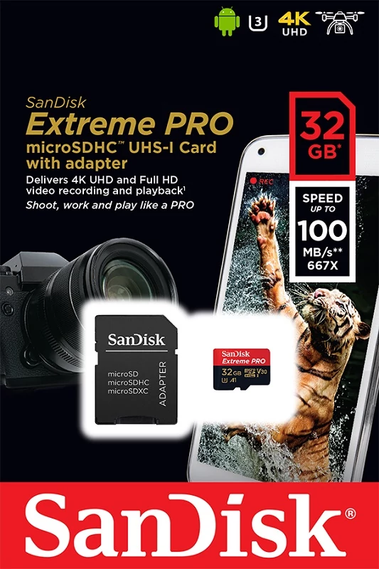 SANDISK EXTREME PRO MICRO SDHC 32GB + ADAPTER CLASS 10 UHS-I U3 A1 V30 100/90 MB/s
