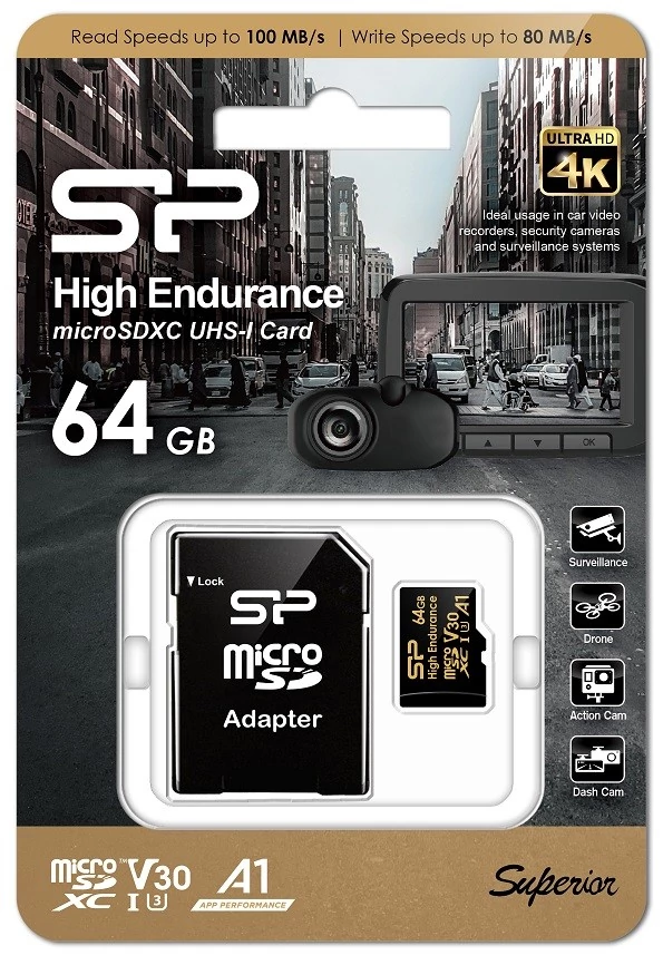 SILICON POWER HIGH ENDURANCE MICRO SDXC 64GB + ADAPTER CLASS 10 UHS-I U3 A1 V30 100/80 MB/s