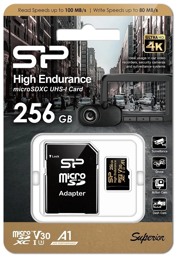 SILICON POWER HIGH ENDURANCE MICRO SDXC 256GB + ADAPTER CLASS 10 UHS-I U3 A1 V30 100/80 MB/s