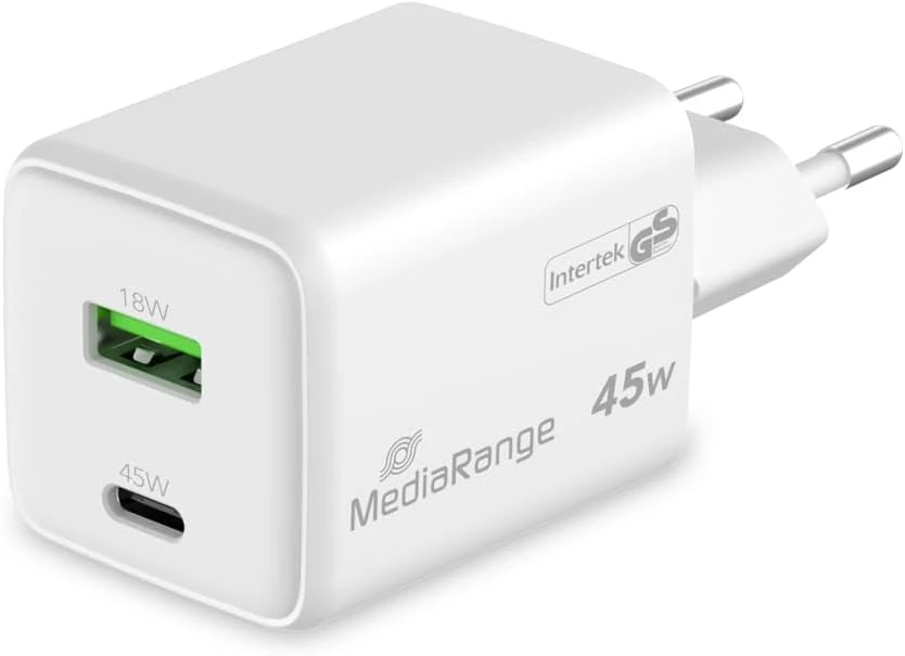 MEDIARANGE HÁLÓZATI TÖLTŐ USB-C/USB-A PD 3.0 QC 3.0 45W FEHÉR